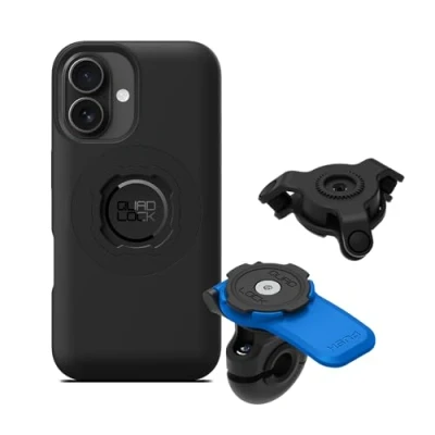 Abbildung von Quad Lock Spiegel Motorrad Handyhalterungs Set mit Vibrationsdämpfer und iPhone Phone 16 MAG Hülle