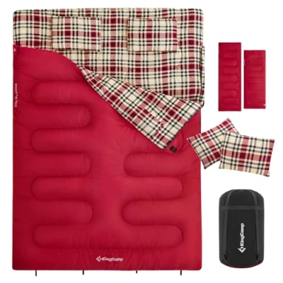 Abbildung von KingCamp Doppelschlafsack Winter Schlafsack 2 Personen Outdoor Warmer Deckenschlafsack Tragbar Leicht 3 4 Jahreszeiten mit Flanell Kissen Camping für Kinder &amp; Erwachsenen 4kg Rot
