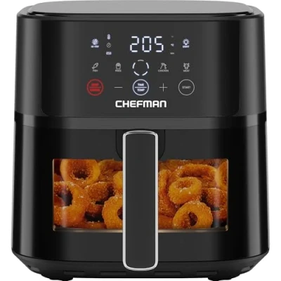 Abbildung von Chefman Heißluftfritteuse 5,7 L kompakte Heissluftfritteuse, mit Hi Fry Technologie, Sichtfenster, Touch Controls, antihaftbeschichtet und spülmaschinenfest Schwarz