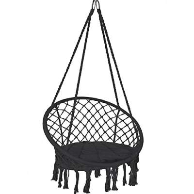 Abbildung von VOUNOT Hängesessel mit Fransen und bequemen Sitzkissen, Durchmesser 80 cm, Schaukelstuhl für Innen Außenbereich, Schwarz