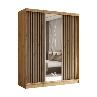 Abbildung von BEAUTY SOFA Helix Schrank mit Spiegel Kleiderschrank Schiebetüren und Lamellen Garderobenschrank, Mehrzweckschrank, Flurschrank 180cm breit Artisan &amp; Lamellenfarbe Schwarz
