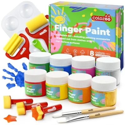 Abbildung von colozoo Fingerfarben Kinder Ungiftig Set inkl. Malzubehör 8x100ml Gold &amp; Silber Fingerfarbe Paraben , Gluten Laktosefrei, auf Wasserbasis, Vegan Leicht zu reinigen