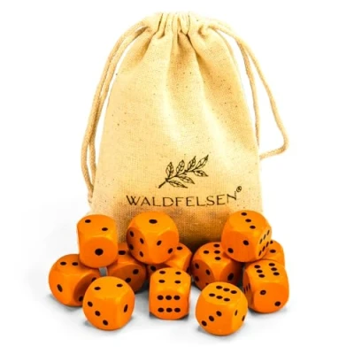 Abbildung von Waldfelsen 6, 12, 20, 30 oder 50 hochqualitative Holzwürfel aus echtem Buchenholz Augenwürfel Spielwürfel Holz in 16 mm Standardwürfel mit Stoffbeutel Würfelset (Orange, 12 Stück)