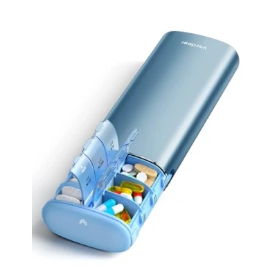 Abbildung von Vaydeer 7 Tage Wochenpillendose (unterstützt 2 Mal täglich), Metall Reisepillendose, Pillendose mit großem Fassungsvermögen für Nahrungsergänzungsmittel, Pillen, Vitamine und Medikamente (Blau)