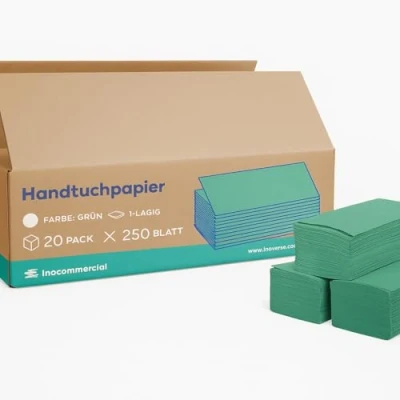 Abbildung von Inoverse Papierhandtücher 5000 Blatt, Grün, Falthandtücher, Papiertücher 25x23 cm ZZ falz, Paper Towels, für Spender, Einweghandtücher, Handtuchpapier