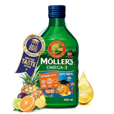 Abbildung von Möller&#039;s omega 3 Lebertran Nordic kinder Nahrungsergänzung mit EPA, DHA, Vitamin A, D und E Hochreiner natürlicher 165 Jahre alte Marke Tutti Frutti 250 ML