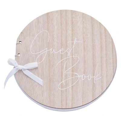 Abbildung von Ginger Ray Round Wooden Wedding Gästebuch mit cremefarbenem Band, braun