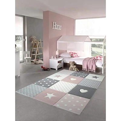 Abbildung von CARPETIA Kinderteppich Spielteppich Babyteppich Mädchen mit Herz Stern rosa Creme grau (120x170 cm)