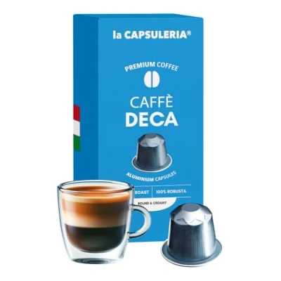 Abbildung von Kaffee DECA, koffeinfrei (100 Aluminium Kaffeekapseln) kompatibel mit Nespresso, 10er Pack, 10x10 Kapseln, vollmundig und sanft, perfekter Espresso ohne Koffein zu jeder Tageszeit, La Capsuleria