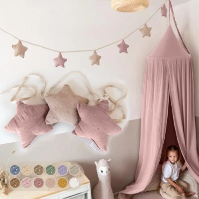 Abbildung von LILIMAUS Sternen Wimpelkette Stoff [mit Goldapplikation in 12 Farben] Kinderzimmer 100% Baumwolle Handmade Musselin Hausbett Deko Mädchen &amp; Jungen Babyzimmer