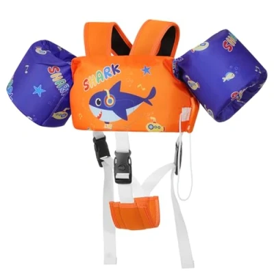 Abbildung von MoKo Kinder Schwimmflügel, Kleinkind Schwimmweste, Badeanzug mit Verstellbar Gurt, Schwimmjacke Wasser Flügel Pool Float, Meer Schwimmen Hilfe für Wassersport Lernen Zubehör, Orange Blaues