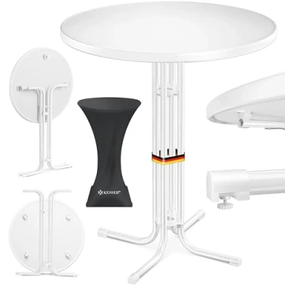 Abbildung von KESSER® Gastro Stehtisch klappbar Bistrotisch Pulverbeschichtete Edelstahlplatte höhenverstellbare Füße Partytisch Tisch Ø 70cm In &amp; Outdoor Empfangstisch inkl. Husse Klapptisch Weiß