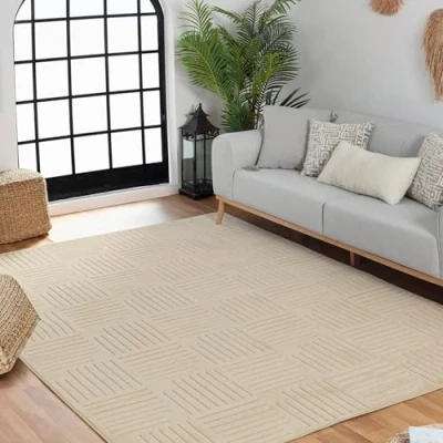 Abbildung von Surya Detroit Teppich Wohnzimmer Boho, großer Schlafzimmer 120x170 cm für Esszimmer mit geometrischem Muster, Skandinavischer Wohnzimmerteppich modern in Sesam