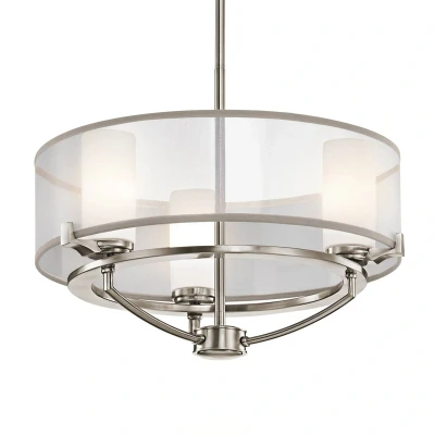 Abbildung von Kichler KL SALDANA3 Kronleuchter Saldana 3xG9 Klassisches Zinn, Organza, Opalglas satiniert weiss H:35,6cm Ø:45,7cm 3000K höhenverstellbar