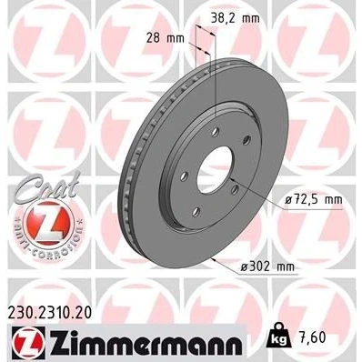 Abbildung von ZIMMERMANN COAT Z 230.2310.20 Bremsscheibe 302 28 5/5 5 127 außenbelüftet beschichtet CHRYSLER: GRAND 5OYAGER 5, VOYAGER 4, FIAT: Freemont