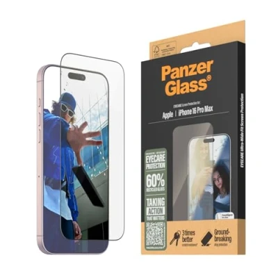 Abbildung von PanzerGlass® Eyecare Displayschutz für Apple iPhone 16 Pro Max, blendfrei, Blaulichtfilter, gehärtetes Glas, hohe Kratzfestigkeit, stoßfest mit Montierhilfe einfache Installation
