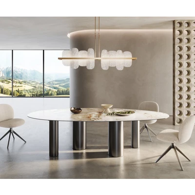 Abbildung von Esstisch Edge Oval 280x130 Keramik Minas Melange Weiß Beige Pilier Edelstahl Graphit