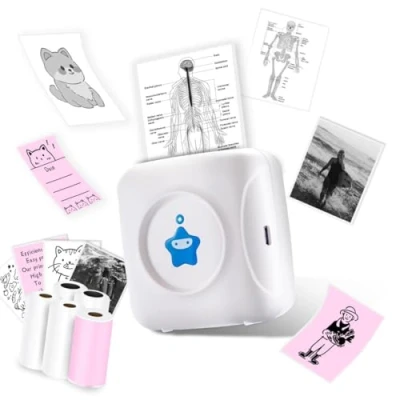 Abbildung von vretti mini stampante TP2 Y tascabile, termica compatibile con Android e iOS, adesiva 5 rotoli di etichette, Bluetooth per iPhone, elenco lavoro, appunti foto