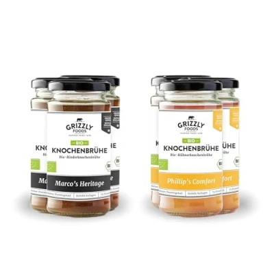 Abbildung von Grizzly Foods BIO Knochenbrühe Rind &amp; Huhn (6 x 240ml) Mehr als 20g Kollagen pro Glas 72 Stunden lang gekocht 100% natürlich ohne Zucker, Zusätze Wertvolle Nährstoffe