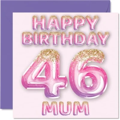 Abbildung von Stuff4 Geburtstagskarte zum 46. Geburtstag für Mama rosa &amp; lila Glitzerballons Happy Birthday Karten 46 Jahre alte Mutter, Mutter vom Sohn, Tochter, 145 mm x