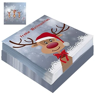 Abbildung von Servietten 60er Set │ Rentiermotiv Weihnachten 3lagige Papierserviette 33x33cm │stoffähnlich Tuch Partyzubehör (60er Serviette &quot;Rentier&quot;)