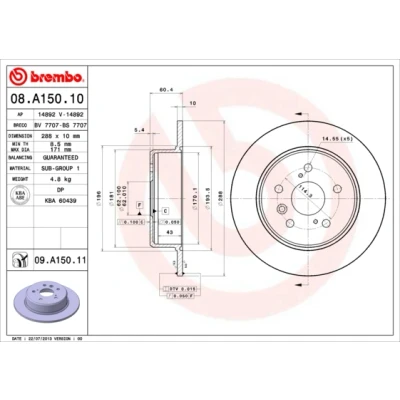 Abbildung von BREMBO COATED DISC LINE 08.A150.11 Bremsscheibe 288 10 5 voll beschichtet LEXUS: RX I