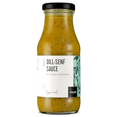 Abbildung von Wajos Dill Senf Sauce 245ml Gourmet mit Honig verfeinert. Ideal für Fisch, Salate &amp; als Dip zu Fingerfood