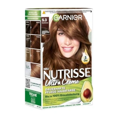 Abbildung von Garnier Nutrisse Dauerhafte Pflege Haarfarbe mit nährenden Fruchtölen, Coloration 8 Wochen Halt, Ultra Crème Tönung, 053 Samtbraun