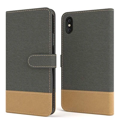 Abbildung von EAZY CASE Tasche kompatibel mit iPhone X/XS Stoff Schutzhülle Standfunktion Klapphülle im Bookstyle, Handytasche Handyhülle Flip Cover Magnetverschluss und Kartenfach, Kunstleder, Anthrazit