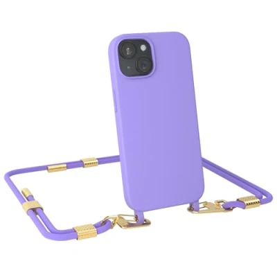 Abbildung von EAZY CASE Handykette mit Karabiner kompatibel iPhone 15 Hülle Silikon Fallschutz Handyhülle für Kette zum Umhängen Schutzhülle Mikrofaser in Lavendel Lila Clips Gold