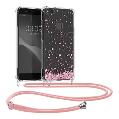 Abbildung von kwmobile Necklace Case kompatibel mit Huawei P10 Lite Hülle Silikon Cover Handykette Rosa Dunkelbraun Transparent Kirschblütenblätter