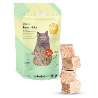 Abbildung von Gefriergetrocknete Katzensnacks RumbleBox XXL Sparbox Entenstücke, 100% Entenfleisch, gesunde Leckerli Katze ohne Zusätze 6x50g