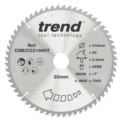 Abbildung von Trend Holz Akku ATBR Kappsägeblatt, 216mm Durchmesser, 30mm Bohrung, 60 Zähne, HW, 2,16mm Schnittbreite, +7 Haken, CSB/CC21660T