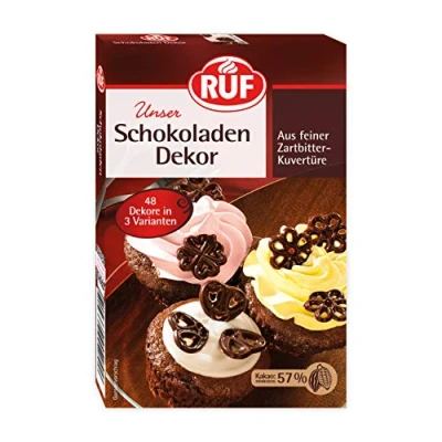 Abbildung von RUF Schokoladen Dekor, 48 Ornamente aus Zartbitter Kuvertüre, zum Garnieren &amp; Dekorieren von Torten, Kuchen, Gebäck Eis, glutenfrei vegan,1 x 38g