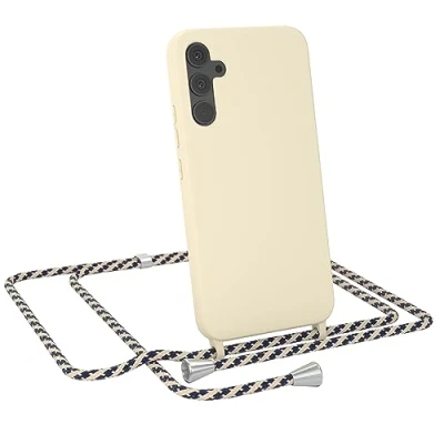 Abbildung von EAZY CASE Handykette austauschbares Band kompatibel mit Samsung Galaxy A34 Silikon Necklace(abnehmbar),Stoßdämpfung bei Sturz, Taupe Taupe/Blau Camouflage Clip Silber