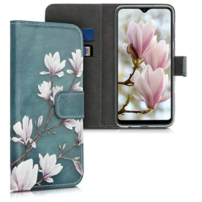 Abbildung von kwmobile Wallet Case kompatibel mit Samsung Galaxy A10 Hülle Cover Ständer und Kartenfächern Magnolien Taupe Weiß Blaugrau