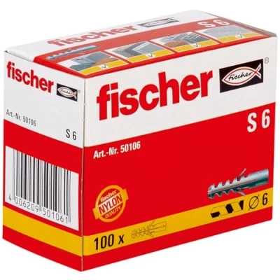 Abbildung von fischer Spreizdübel S 6, Dübel mit 2 fach Spreizung zum Befestigen von Bildern, Briefkästen, Leuchten, uvm. in Beton, Vollziegel und Naturstein, 100 Stück