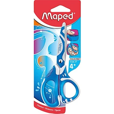 Abbildung von Maped Bastel Schere ZENOA FIT, 13 cm, ergonomische und asymetrische Griffe, abgerundete Spitze blau, pink, orange