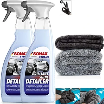 Abbildung von detailmate Trockenreinger Auto Set: 2X Sonax Xtreme BrilliantShine Detailer, 750ml Sprühflasche + kurzfloriges Mikrofasertuch 320GSM langfloriges Poliertuch 550GSM Schutzhandschuhe