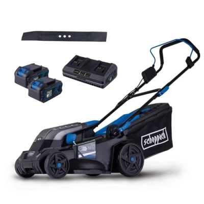 Abbildung von Scheppach Akku Rasenmäher BC MP380 X 20V Brushless 38cm Schnittbreite für 450 500 m2 Schnitthöhenverstellung von 2575mm 45L Korb Mulcheinsatz mit 2X 4Ah Akku, Doppelladegerät &amp; Messer