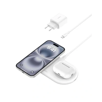 Abbildung von Belkin BoostCharge Pro kabellose 2 in 1 Ladestation mit magnetischem Qi2, 15W, Schnellladegerät, Wireless Charger kompatibel iPhone 16/15/14/13/12, AirPods und MagSafe fähigen Geräten Weiß