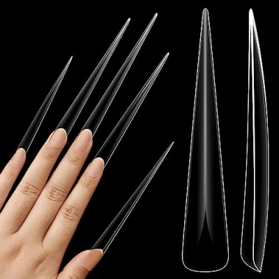 Abbildung von NOVO OVO Extra lange Stiletto Nagelspitzen, Super Extreme Long Sharp Fishbone Arrow Head Nails, 5XL XXXXXL klare Vollständige Abdeckung wide french nails for acrylic x12 sizes