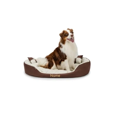 Abbildung von lionto Hundebett 4 in 1 mit Wendekissen aus robustem Oxford, 110x80 cm, Heimtierkissen Kratzfest tiefem Einstieg für Katzen und Hunde Aller Größen, wasserabweisend, braun/beige (Namensaufdruck)
