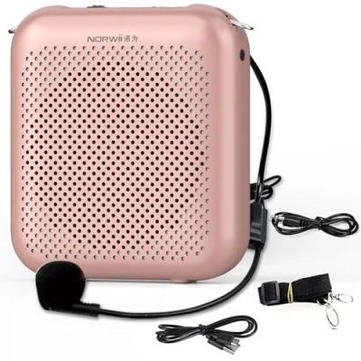 Abbildung von NORWII Mini Sprachverstärker, tragbar, wiederaufladbar, mit kabelgebundenem Mikrofon, Headset &amp; Bund, persönlicher Sprachverstärker für Lehrer, Präsentation, Reiseleiter, Meeting, Trainer, Roségold