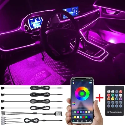 Abbildung von TABEN Auto Umgebungsbeleuchtungs Kit 5 m Glasfaser 64 Farben RF Fernbedienung + APP Steuerung USB Fußraum Atmosphärenlicht, DIY 16 Millionen RGB Mehrfarbig Sound Musik Sync Innenbeleuchtung