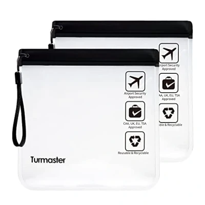 Abbildung von Turmaster 2 Packen Flughafen zugelassener durchsichtiger Kulturbeutel, auslaufsichere Flughafensicherheit zugelassene Flüssigkeitsbeutel 20 x 20cm, wasserdichte Reisekulturbeutel, Schwarz mit Griff