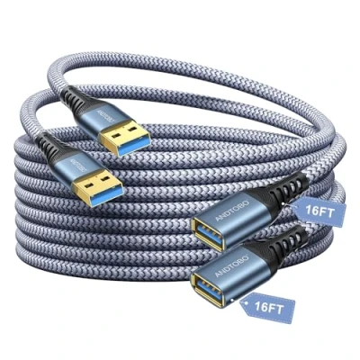 Abbildung von 2 Stück USB Verlängerungskabel 5M, 3.0 Typ A Stecker auf Buchse High Speed Datenübertragung 5Gbps Kompatibel mit Gamepad, Drucker, Webcam, Tastatur, Stick, Hard Drive