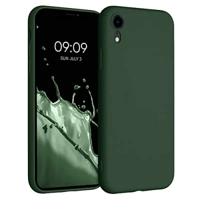 Abbildung von kwmobile Hülle kompatibel mit Apple iPhone XR weiches TPU Silikon Case Cover geeignet für kabelloses Laden Dunkelgrün matt