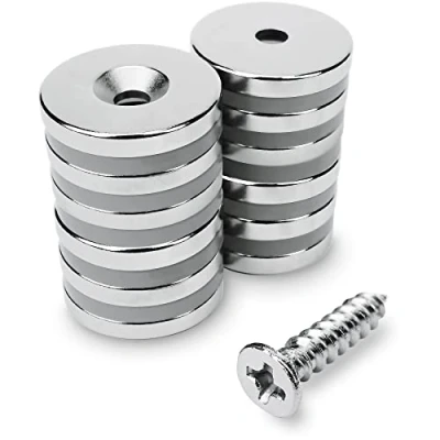 Abbildung von Sensei 12 Stück Ring Neodymmagnet 20x3 mm mit Öffnung für Schraube, belastbar bis 4,5 kg + Holzschrauben im Set