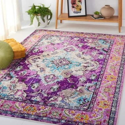 Abbildung von SAFAVIEH Boho Teppich für Wohnzimmer, Esszimmer, Schlafzimmer Monaco Collection, Kurzer Flor, Violett und Hellblau, 155 X 231 cm